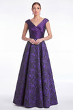 Burgundy Floral Jacquard A Line V Neck Mother of the Bride Dress