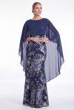 Dark Navy Mermaid Floral Jacquard Mother of the Bride Dress with Cape Sleeves