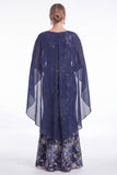 Dark Navy Mermaid Floral Jacquard Mother of the Bride Dress with Cape Sleeves
