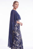 Dark Navy Mermaid Floral Jacquard Mother of the Bride Dress with Cape Sleeves