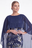 Dark Navy Mermaid Floral Jacquard Mother of the Bride Dress with Cape Sleeves