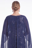 Dark Navy Mermaid Floral Jacquard Mother of the Bride Dress with Cape Sleeves