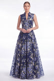 Floral Jacquard A Line V Neck Dark Navy Mother of the Bride Dress