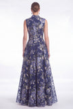Floral Jacquard A Line V Neck Dark Navy Mother of the Bride Dress