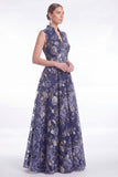 Floral Jacquard A Line V Neck Dark Navy Mother of the Bride Dress