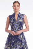 Floral Jacquard A Line V Neck Dark Navy Mother of the Bride Dress