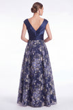 Dark Navy A Line Floral Jacquard Mother of the Bride Dress with Cap Sleeves