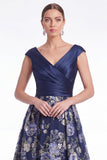 Dark Navy A Line Floral Jacquard Mother of the Bride Dress with Cap Sleeves