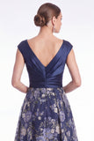Dark Navy A Line Floral Jacquard Mother of the Bride Dress with Cap Sleeves