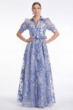 Blue A Line Collar Floral Jacquard Mother of the Bride Dress with Half Sleeves