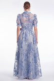 Blue A Line Collar Floral Jacquard Mother of the Bride Dress with Half Sleeves