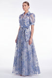 Blue A Line Collar Floral Jacquard Mother of the Bride Dress with Half Sleeves