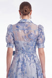 Blue A Line Collar Floral Jacquard Mother of the Bride Dress with Half Sleeves