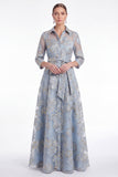 Gold Floral Jacquard A Line Collar Mother of the Bride Dress with 3/4 Sleeves