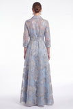 Gold Floral Jacquard A Line Collar Mother of the Bride Dress with 3/4 Sleeves