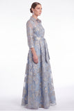 Gold Floral Jacquard A Line Collar Mother of the Bride Dress with 3/4 Sleeves