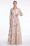 Gold Floral Jacquard A Line Collar Mother of the Bride Dress with 3/4 Sleeves