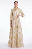 Gold Floral Jacquard A Line Collar Mother of the Bride Dress with 3/4 Sleeves