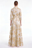Gold Floral Jacquard A Line Collar Mother of the Bride Dress with 3/4 Sleeves