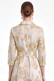 Gold Floral Jacquard A Line Collar Mother of the Bride Dress with 3/4 Sleeves