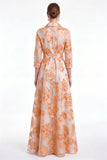 Gold Floral Jacquard A Line Collar Mother of the Bride Dress with 3/4 Sleeves
