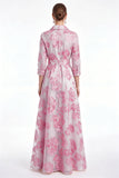 Gold Floral Jacquard A Line Collar Mother of the Bride Dress with 3/4 Sleeves