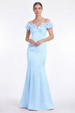 Off the Shoulder Sky Blue Mermaid Satin Mother of the Bride Dress