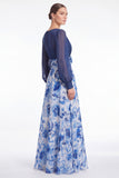 A Line Blue Flower V Neck Mother of the Bride Dress with Long Sleeves