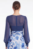 A Line Blue Flower V Neck Mother of the Bride Dress with Long Sleeves