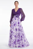 A Line Blue Flower V Neck Mother of the Bride Dress with Long Sleeves