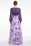 A Line Blue Flower V Neck Mother of the Bride Dress with Long Sleeves
