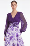 A Line Blue Flower V Neck Mother of the Bride Dress with Long Sleeves