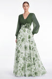 A Line Blue Flower V Neck Mother of the Bride Dress with Long Sleeves
