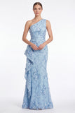 One Shoulder Light Blue Floral Appliqued Mermaid Mother of the Bride Dress