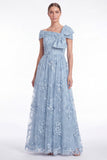 Light Blue Off the Shoulder A Line Floral Appliqued Mother of the Bride Dress