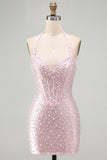 Halter Pink Beaded Pearl Bodycon Corset Homecoming Dress
