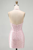 Halter Pink Beaded Pearl Bodycon Corset Homecoming Dress