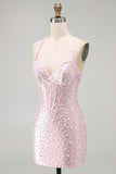 Halter Pink Beaded Pearl Bodycon Corset Homecoming Dress