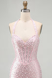 Halter Pink Beaded Pearl Bodycon Corset Homecoming Dress