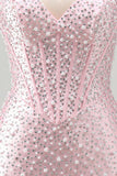 Halter Pink Beaded Pearl Bodycon Corset Homecoming Dress