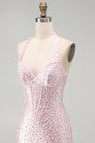 Halter Pink Beaded Pearl Bodycon Corset Homecoming Dress