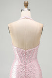 Halter Pink Beaded Pearl Bodycon Corset Homecoming Dress