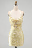 Pearl Bodycon Cut Out Halter Yellow Homecoming Dress with Beading
