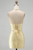 Pearl Bodycon Cut Out Halter Yellow Homecoming Dress with Beading