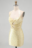 Pearl Bodycon Cut Out Halter Yellow Homecoming Dress with Beading