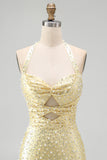 Pearl Bodycon Cut Out Halter Yellow Homecoming Dress with Beading