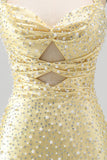 Pearl Bodycon Cut Out Halter Yellow Homecoming Dress with Beading