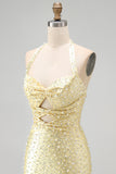 Pearl Bodycon Cut Out Halter Yellow Homecoming Dress with Beading
