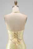 Pearl Bodycon Cut Out Halter Yellow Homecoming Dress with Beading