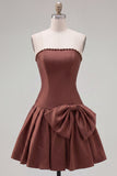 Brown Pearl Strapless A Line Homecoming Dress with Bow
